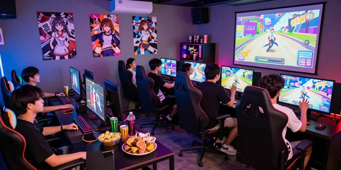 Group of gamers enjoying an ecchi game in a lively gaming lounge with colorful lights.