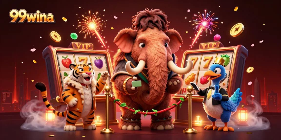Join the 99wina action with a woolly mammoth bouncer and vibrant slot game elements.