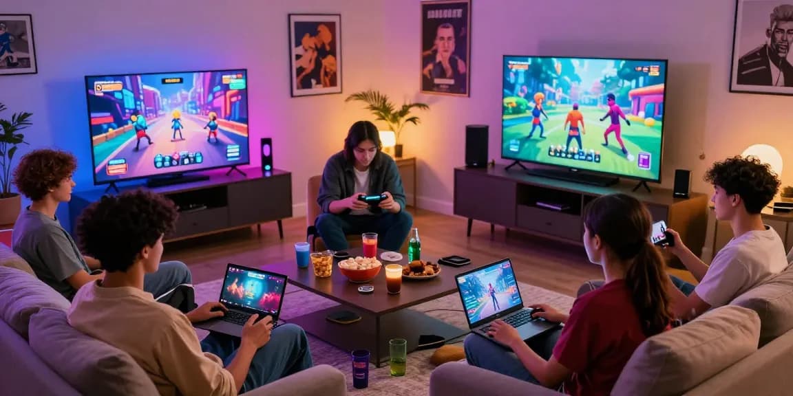 Engaged players enjoying gay porn games in a cozy living room.