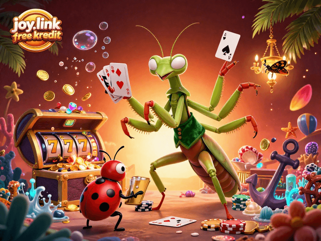 Experience the excitement of joy.link free kredit with a lively casino illustration featuring a mantis card sharp and ladybug pit boss.