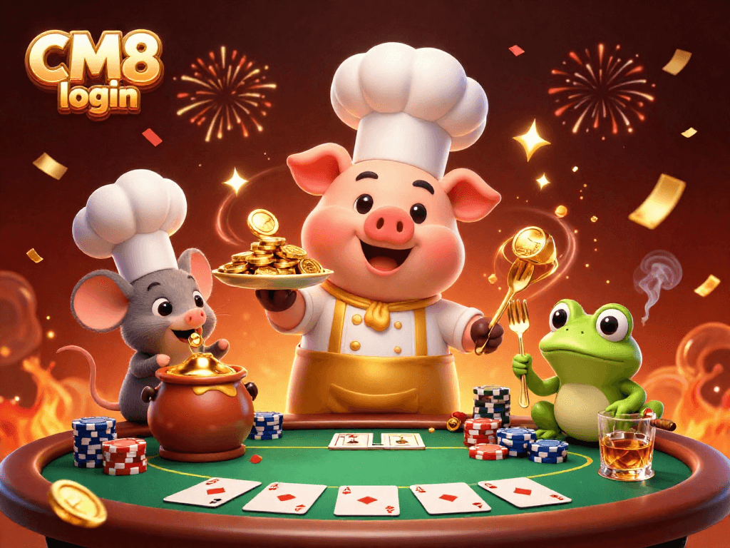 Experience the excitement of CM8 login, where playful characters serve gold coins amidst vibrant casino action.