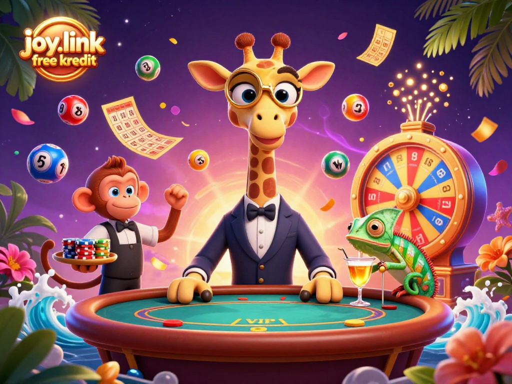 Win exciting prizes with joy.link free kredit in a vibrant casino-themed scene full of character!