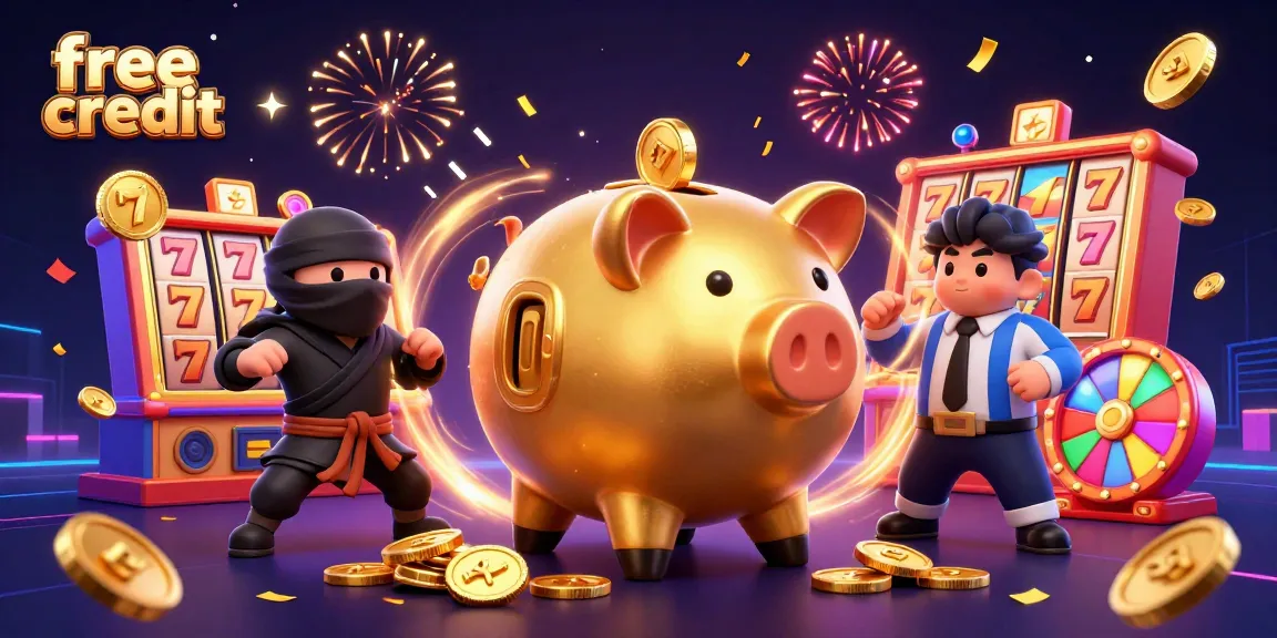 Engage with free credit offers at this vibrant illustrated casino scene featuring lively characters and game elements.