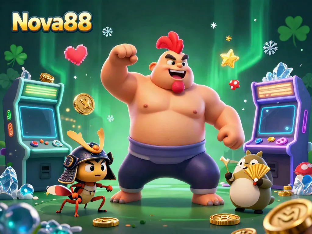 Engage in thrilling games with Nova88, featuring dynamic characters in a vibrant casino scene.