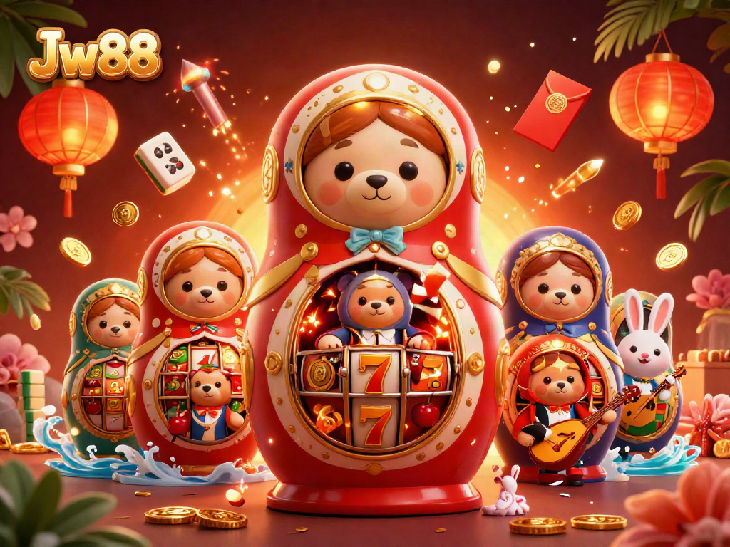 Engage in thrilling gameplay with Jw88’s vibrant casino scene featuring unique 3D characters and lively elements.