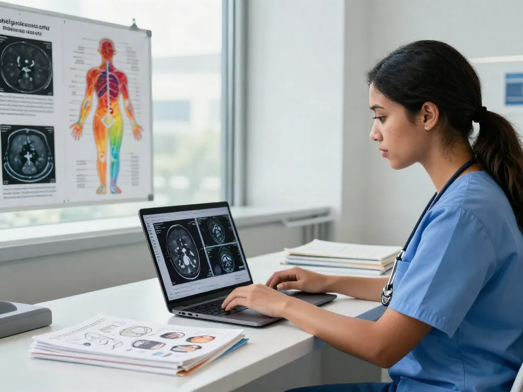 Radiology student studying rokok88 login for CT scan and MRI techniques.
