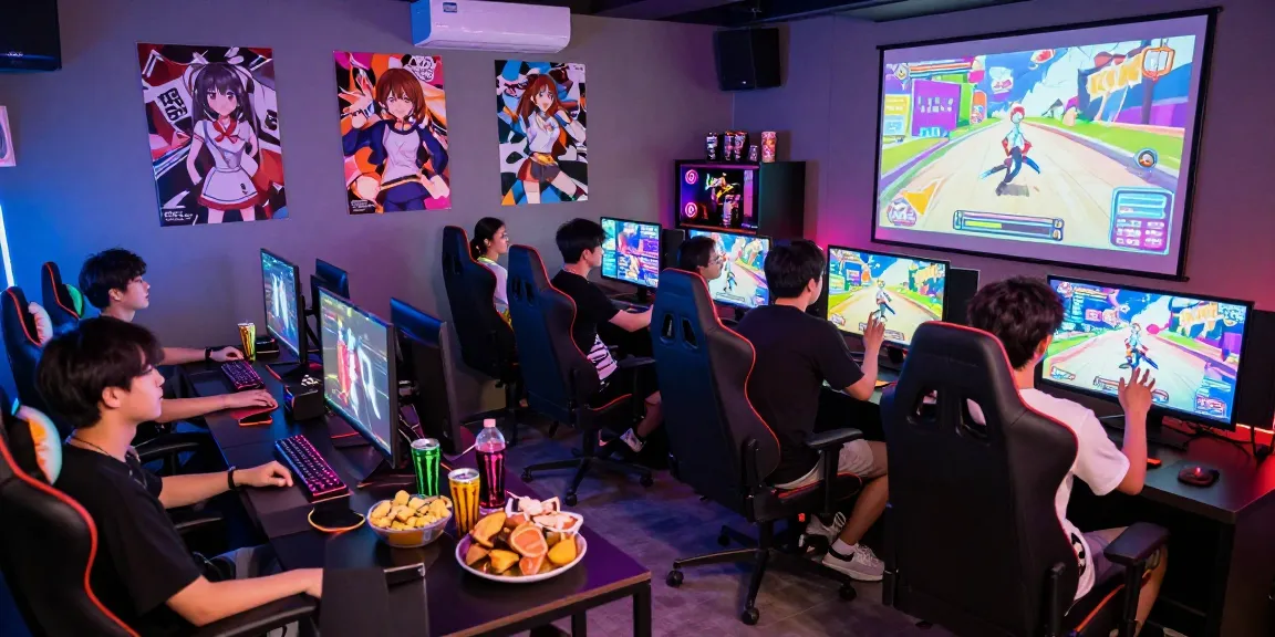 Group of gamers enjoying an ecchi game in a lively gaming lounge with colorful lights.