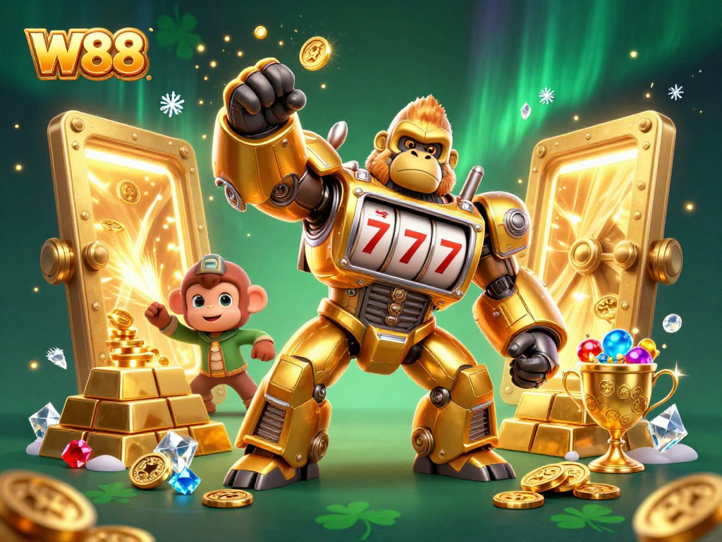Experience thrilling W88 gameplay with a golden gorilla mech amidst sparkling treasures and jackpots.