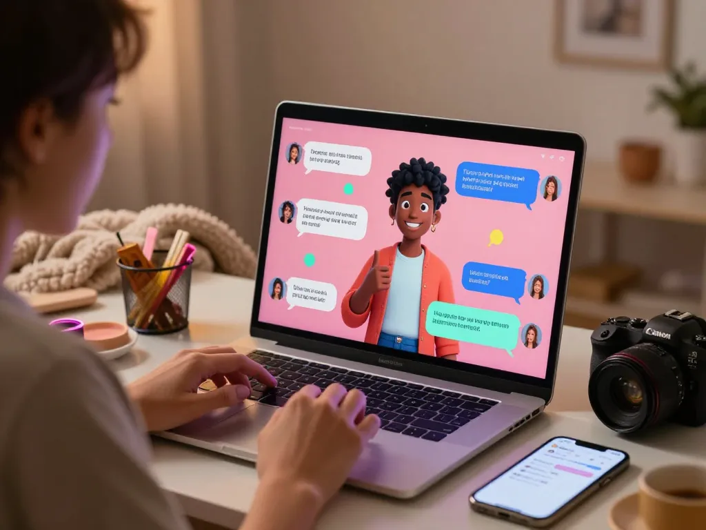 Engaging ai sex chat scene with animated character and warm ambient lighting