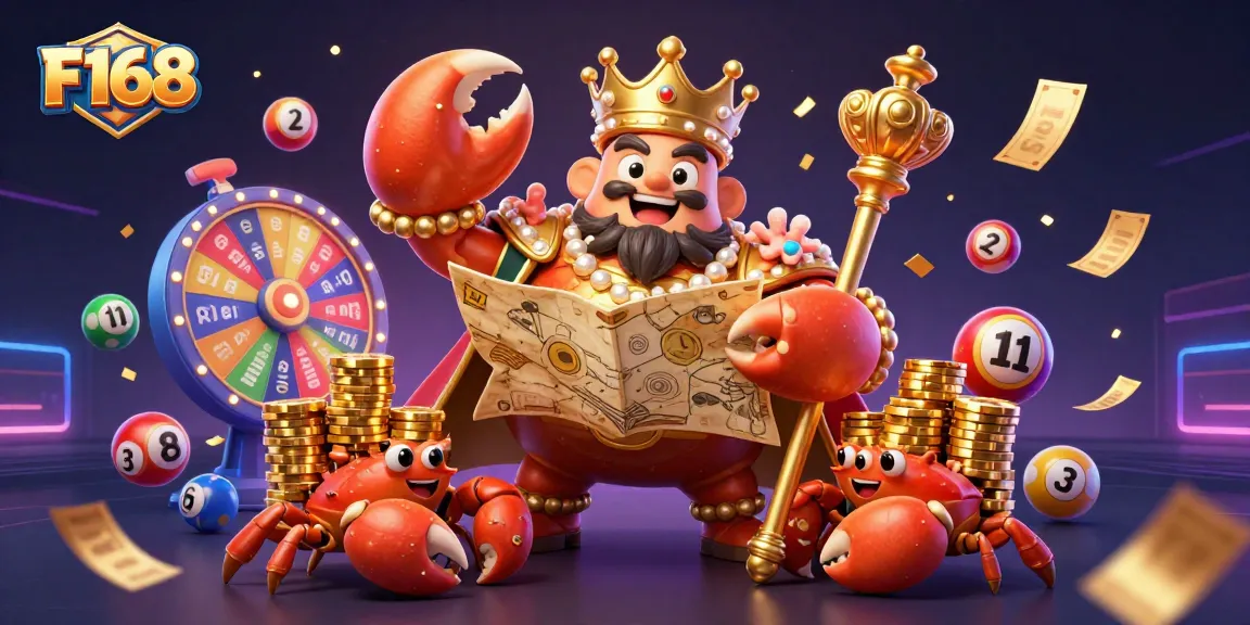 Experience the excitement of F168 with a vibrant 3D casino scene filled with colorful lottery balls and a majestic crab emperor.