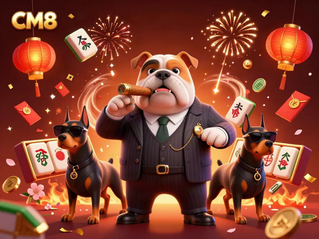 Spin and win at CM8 with a vibrant 3D mafia-themed casino illustration, featuring lucky symbols.