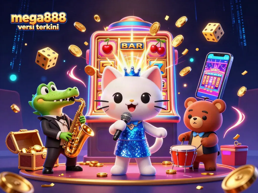 Featuring the vibrant fun of mega888 versi terkini with a jazzy scene of animated characters and exciting casino elements.