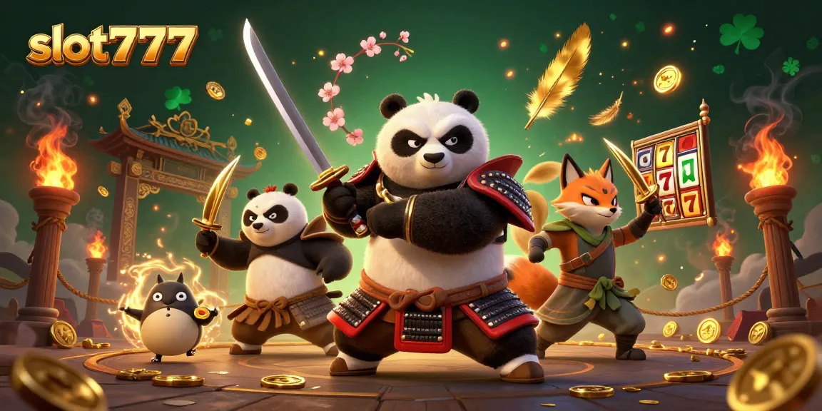 Experience the excitement of slot777 with a vibrant 3D illustration featuring a samurai panda and ninja fox.