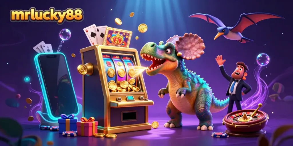 Experience mrlucky88's thrilling casino action with a 3D dinosaur and vibrant slot machines.