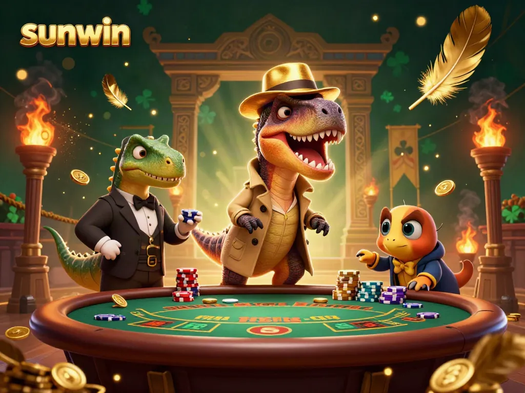Experience thrilling gameplay at Sunwin as a cartoon velociraptor attempts to blend in at a blackjack table.