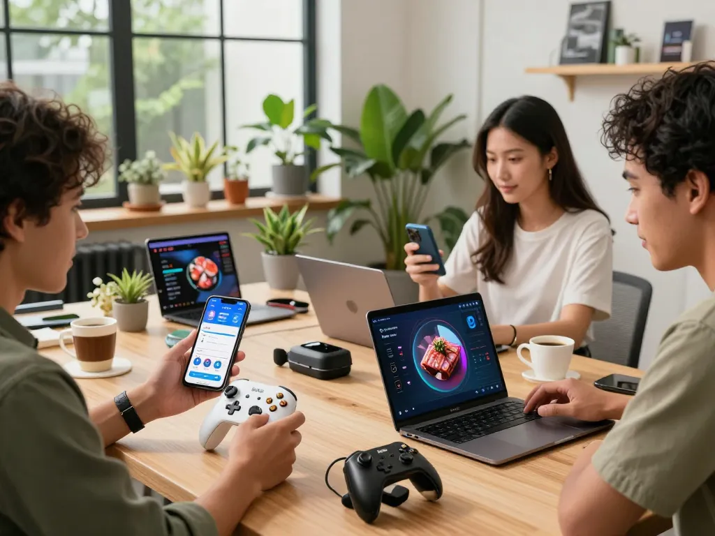 Showcasing unique tech gadgets like the 8BitDo Ultimate Controller and Chef iQ Sense in a collaborative workspace.