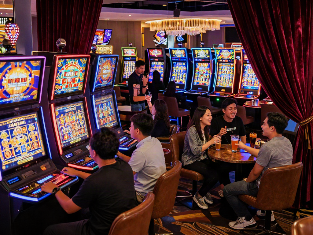 Slot gacor malam ini vibrant gaming scene in a lively casino atmosphere with excited players and colorful machines.