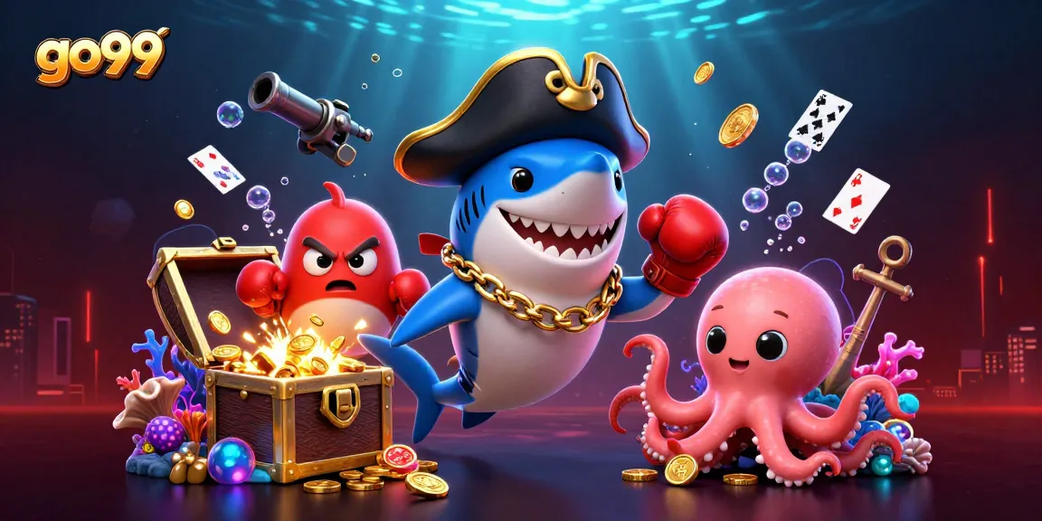 Unleash big wins with GO99 featuring a pirate shark, pufferfish, and octopus in vibrant casino action.