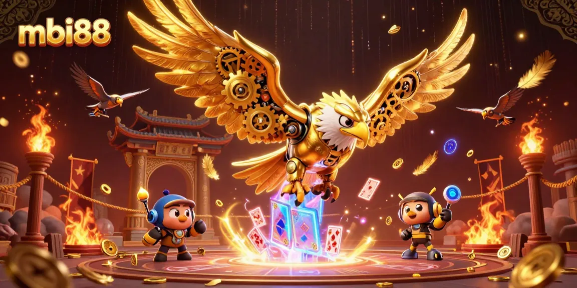 Engage with thrilling games at mbi88, where a cybernetic eagle soars through a vibrant casino world.