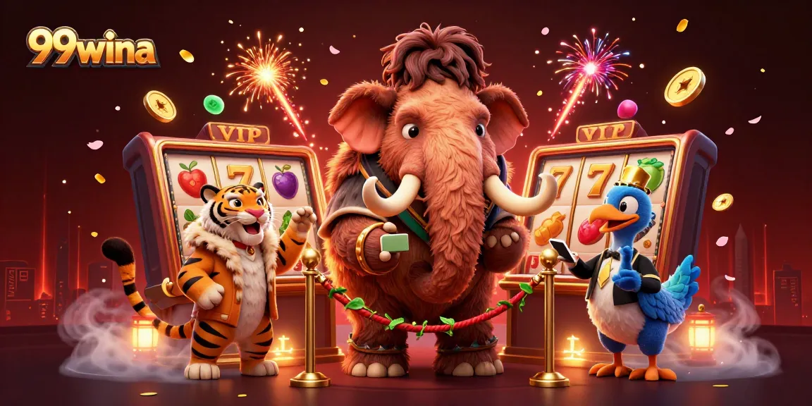 Join the 99wina action with a woolly mammoth bouncer and vibrant slot game elements.