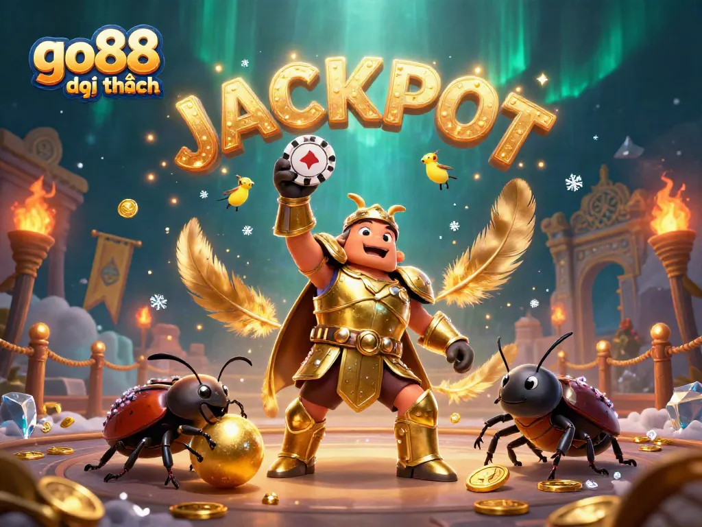 Experience go88 đổi thưởng with an enchanting scene featuring a victorious beetle lifting a poker chip.