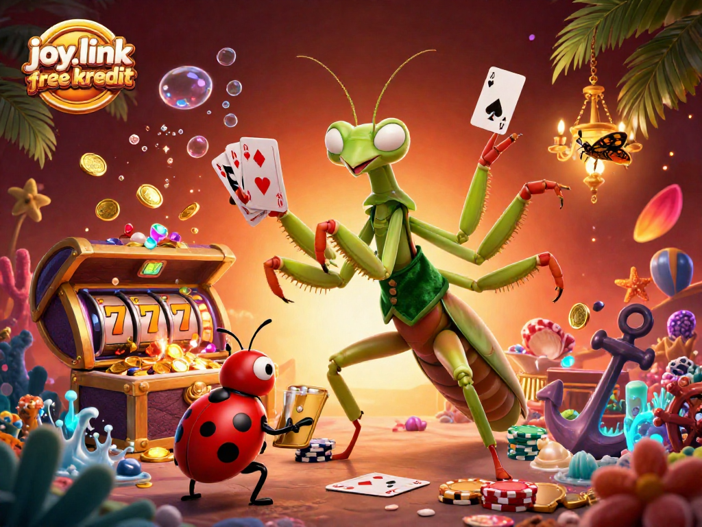Experience the excitement of joy.link free kredit with a lively casino illustration featuring a mantis card sharp and ladybug pit boss.