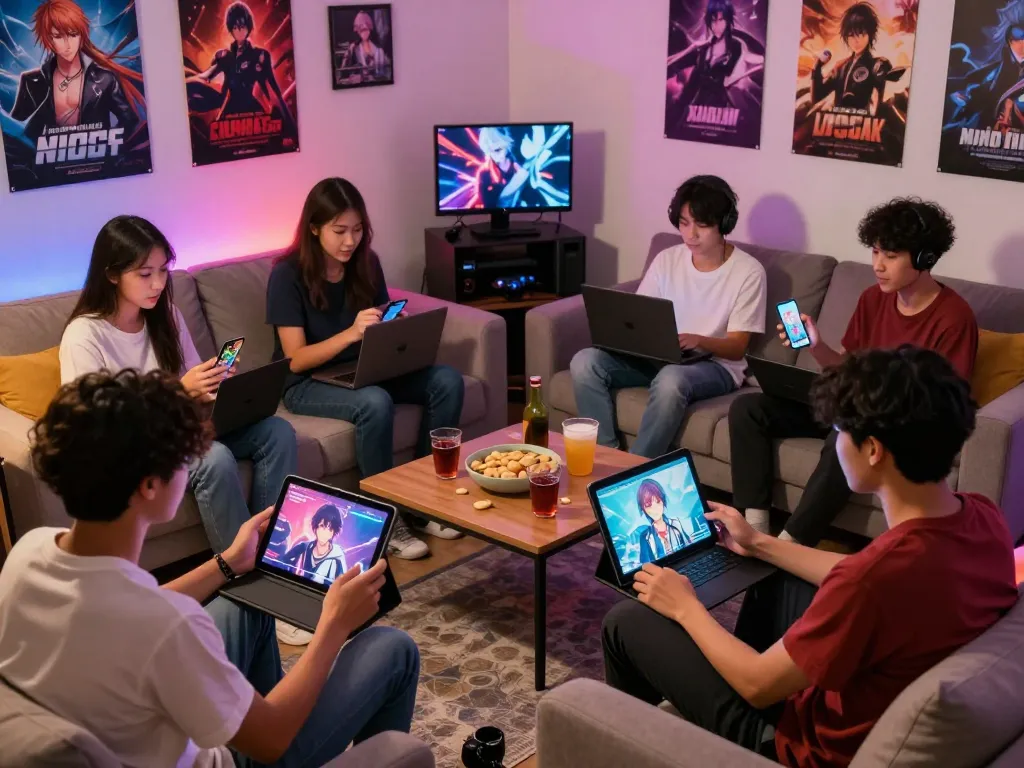 Group enjoying a porno game on devices in a vibrant living room setting.