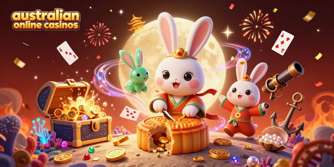Explore australian online casinos with a vibrant 3D illustration of a moon rabbit revealing poker chips.