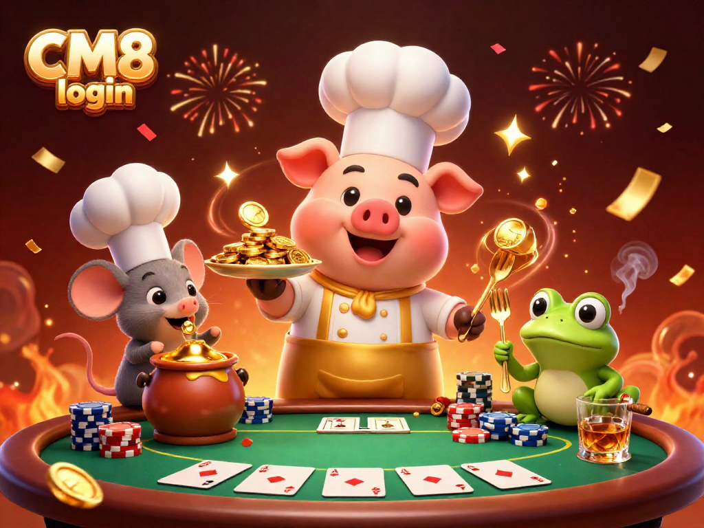 Experience the excitement of CM8 login, where playful characters serve gold coins amidst vibrant casino action.
