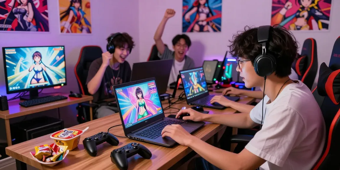 Group of friends playing hentaigame on laptops and consoles in a cozy gaming room, vibrant atmosphere.