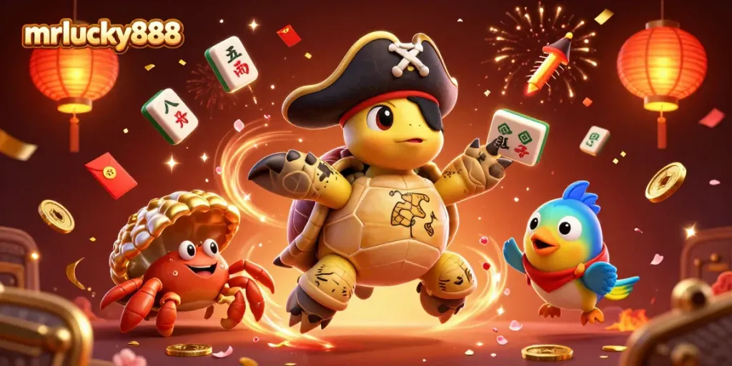 Engage with mrlucky888's vibrant casino scene featuring a treasure-hunting pirate turtle and festive decorations.