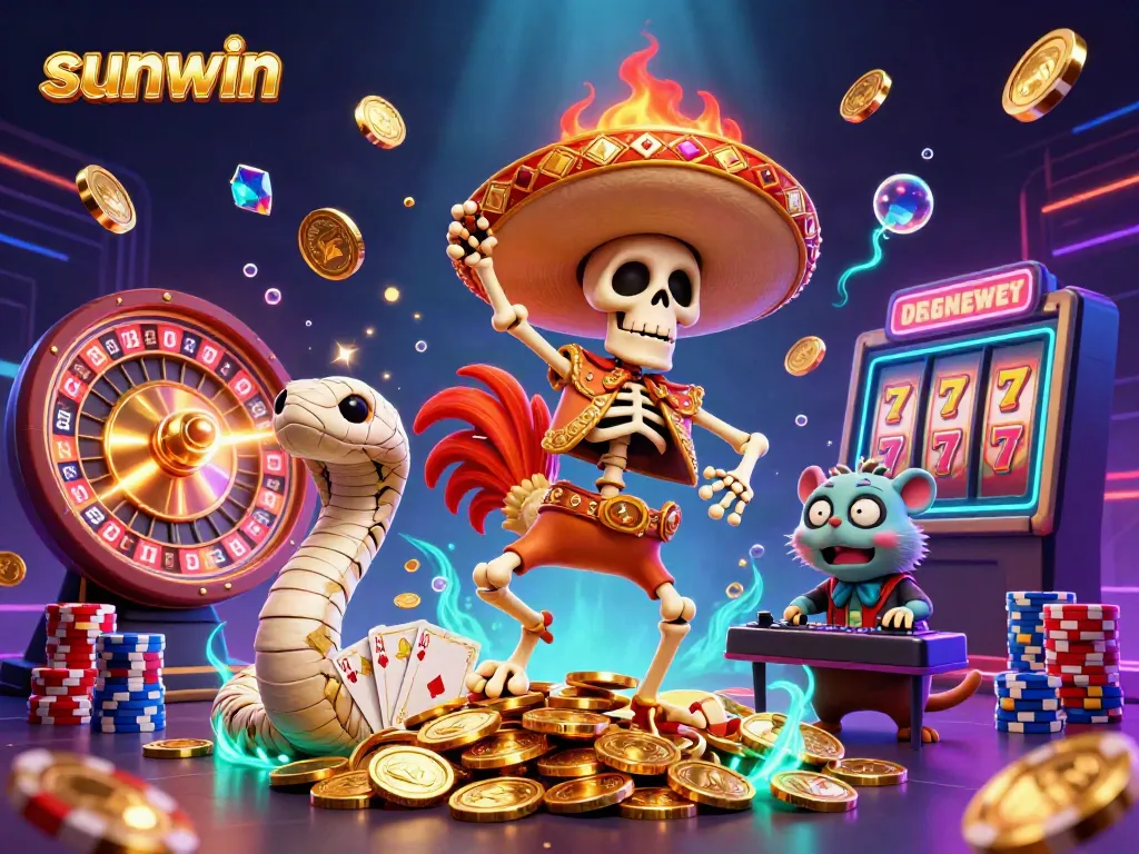 Experience thrilling wins with sunwin in a lively casino scene featuring vibrant characters and rich game elements.