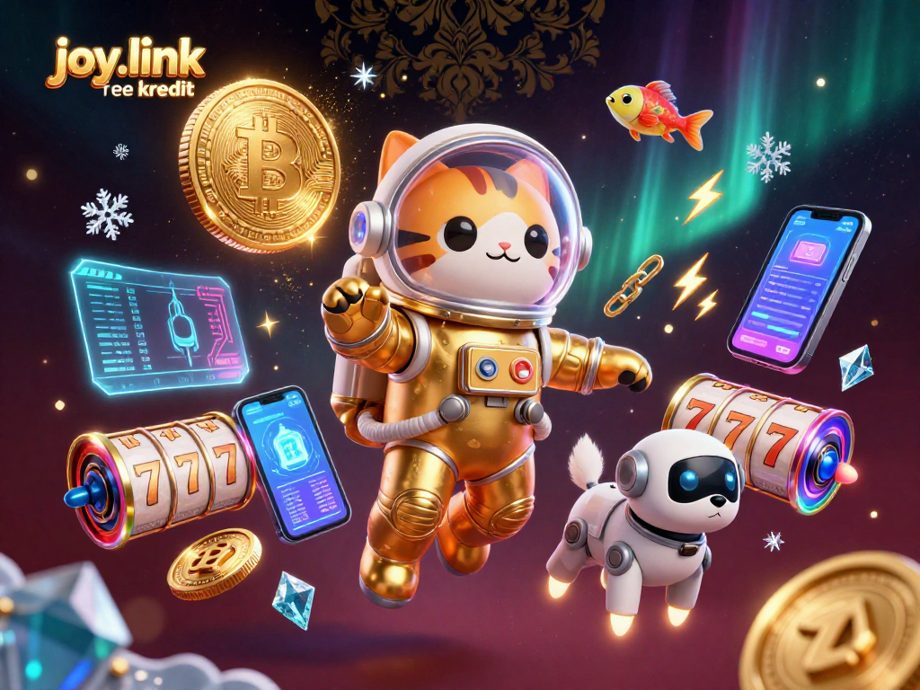 Engage with joy.link free kredit in a vibrant 3D casino-themed galaxy, featuring space cat and robot dog.
