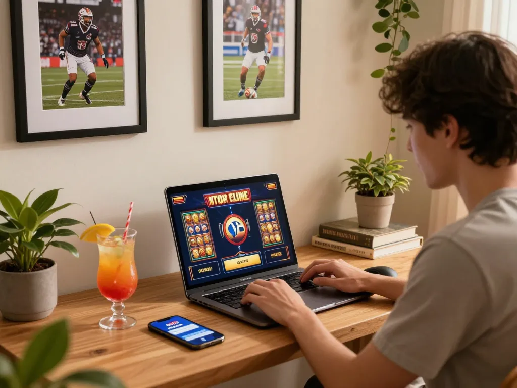 Engage with m88 Malaysia login on laptop in cozy home gaming setup for responsible online gambling.