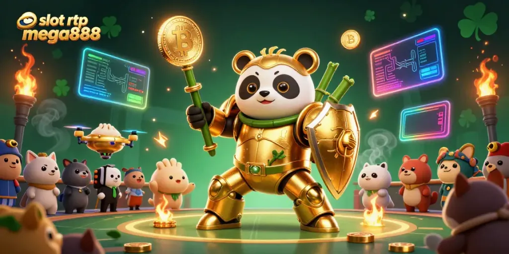Engage with the captivating slot rtp mega888 experience amidst a vibrant 3D casino scene filled with exciting game elements.