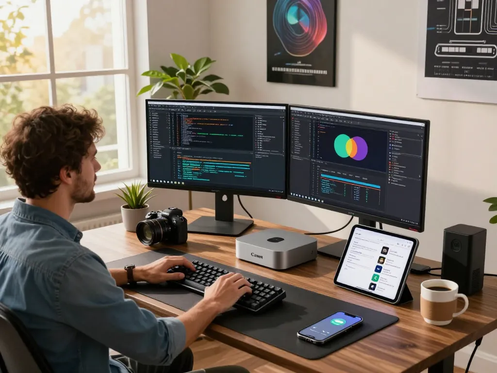 Developer using Mac mini in a modern workspace with dual monitors, coding, and design elements.