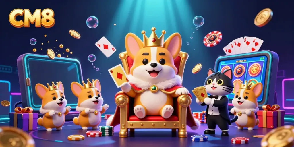 Experience exciting games on CM8 with a royal corgi gaming theme, featuring slots, poker, and promotions.