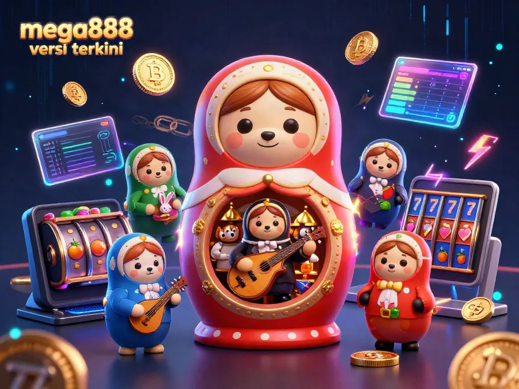 Experience the excitement of mega888 versi terkini with colorful casino-themed illustrations featuring playful bears and crypto elements.