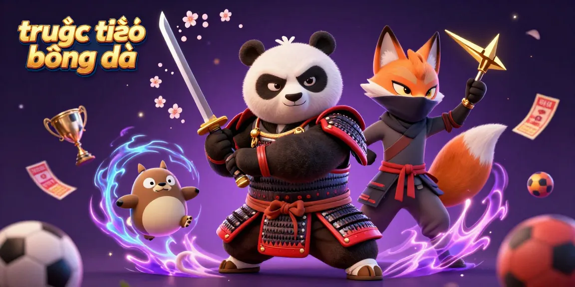 Experience thrilling trực tiếp bóng đá action with a fierce samurai panda and ninja fox in a vibrant 3D scene.