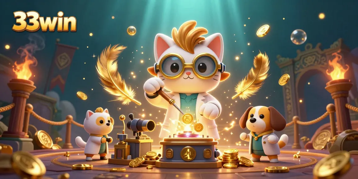 Engage with thrilling games at 33win's vibrant casino scene with mad scientist cat and assistant.