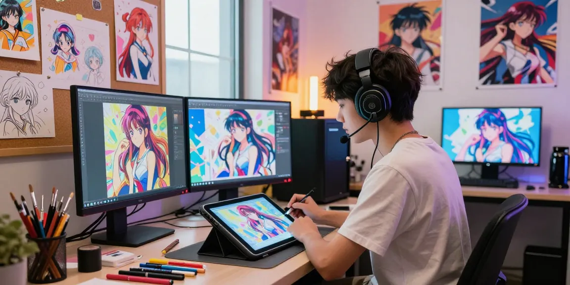 Creative digital artist using AI ecchi tools in a vibrant studio.