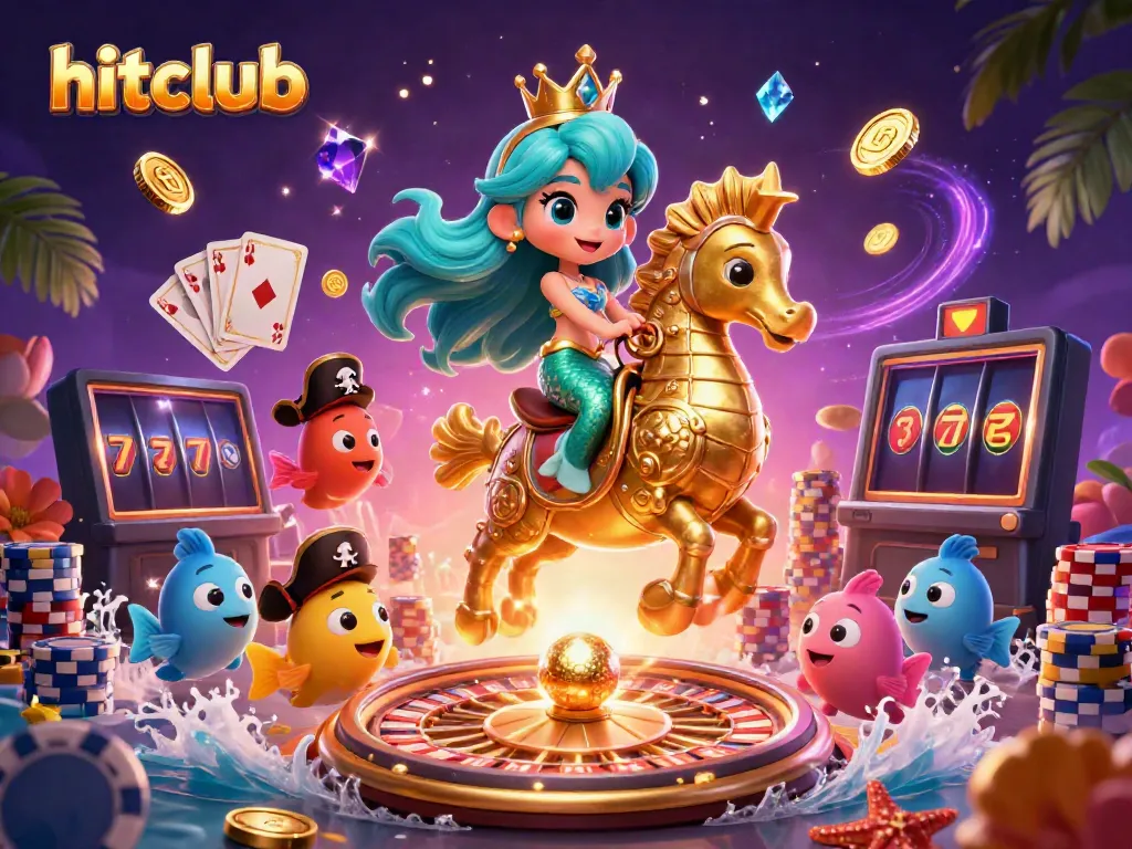 Experience the thrill of gaming at hitclub with vibrant, colorful 3D casino elements and characters.