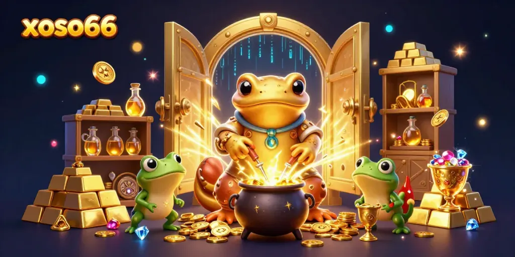 Xoso66 offers vibrant cartoon characters in a magical casino scene, transmuting gold and treasures.