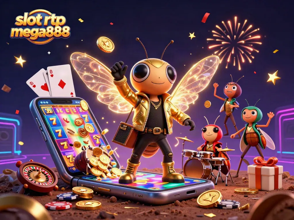 Engage with slot rtp mega888 through this vibrant 3D illustration showcasing the excitement of gameplay.