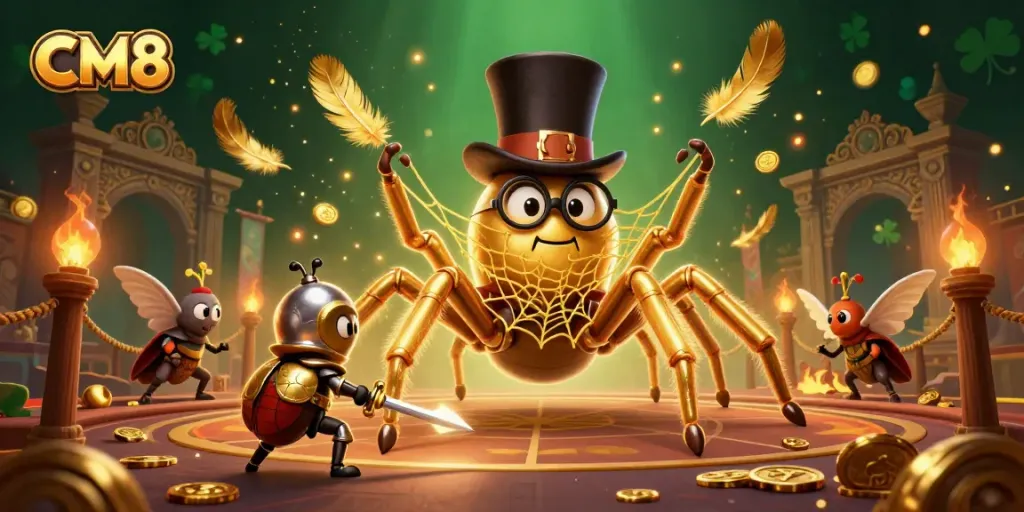 Experience CM8 excitement with a golden tarantula and beetle knight in a vibrant casino scene.