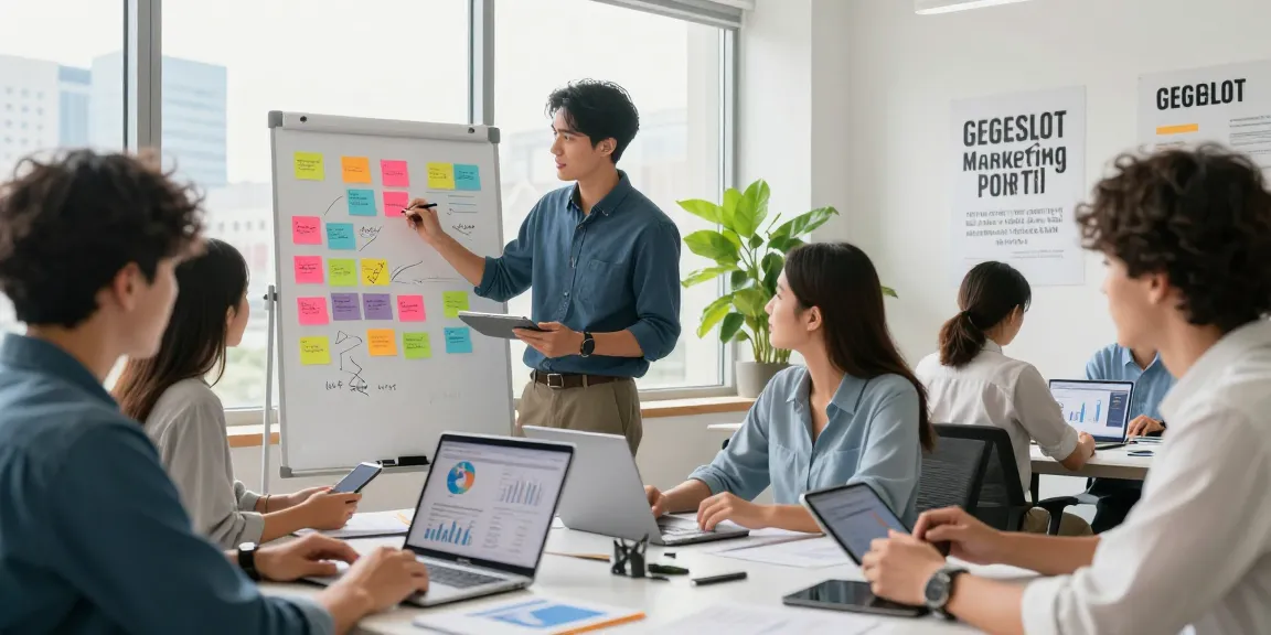 Tim pemasaran GEGESLOT berkolaborasi di ruang kerja modern, meninjau analitik dan strategi pemasaran.