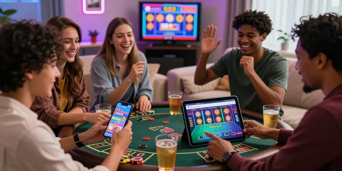 Excited friends playing live dealer games on the Winbox website in a cozy atmosphere.