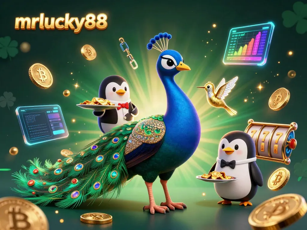Engage with mrlucky88's vibrant casino experience featuring a peacock, butler, and hummingbird amidst captivating game elements.