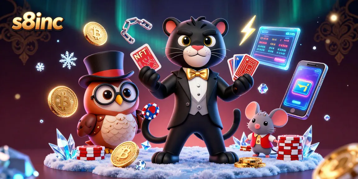 Play cards with stylish characters in the animated s8inc casino scene featuring poker chips and coins.